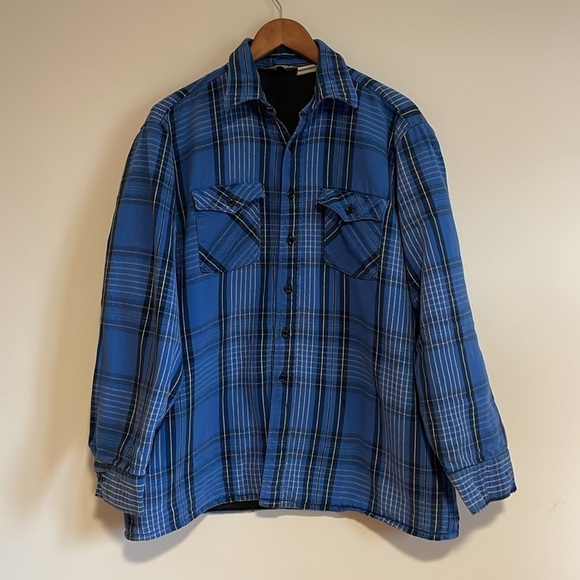 VTG Plaid Shacket XL Blue Winter Run Pockets Dad Oversized Fall Button Down Barn - Picture 1 of 15